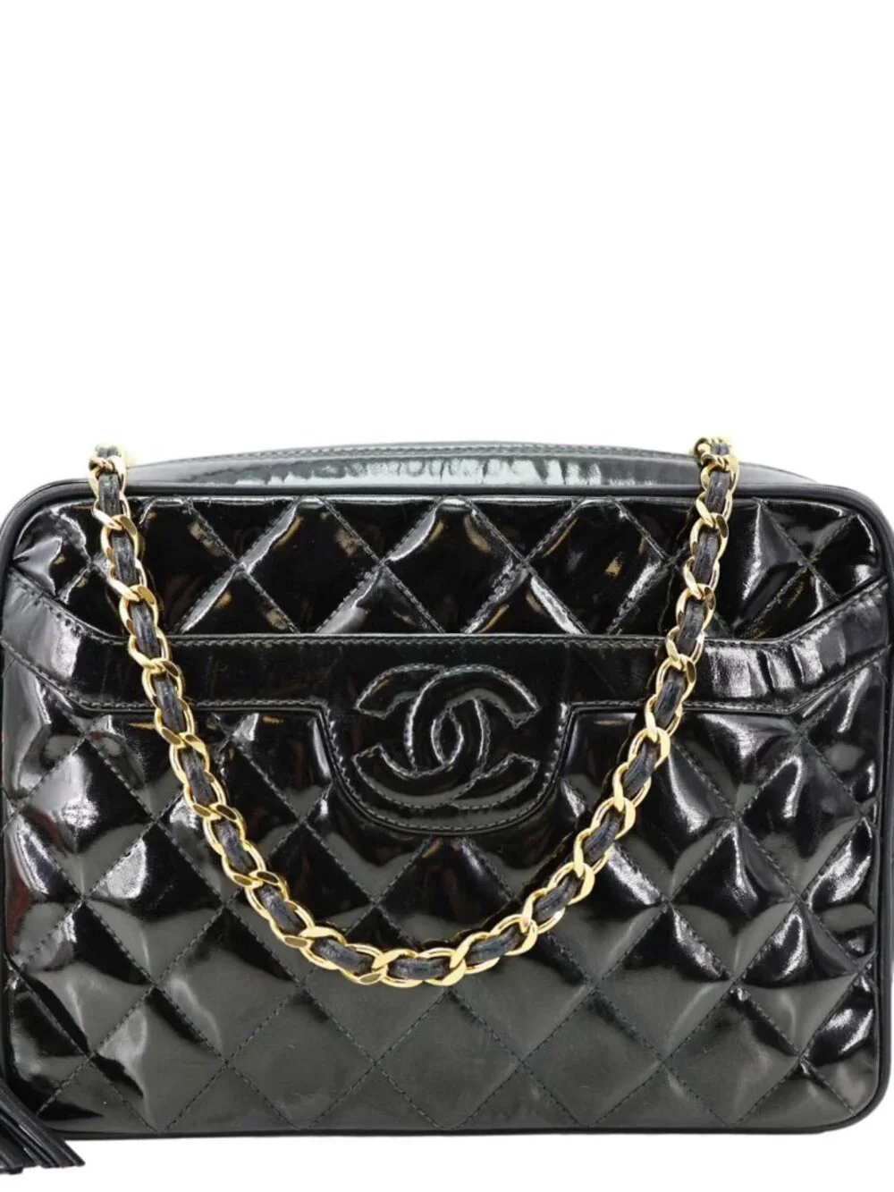 Chanel Vintage Quilted Patent Leather Camera Case Crossbody Bag Black